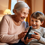 A cozy living room scene. An elderly woman is smiling and engaged in a video call on a tablet. Her grandchild or younger relative is sitting next to her, helping her navigate the device. The room is decorated with familiar Swedish items and has warm lighting, conveying a sense of connection and reduced loneliness through digital technology.