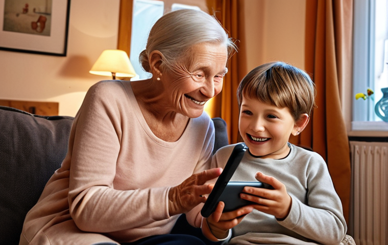 A cozy living room scene. An elderly woman is smiling and engaged in a video call on a tablet. Her grandchild or younger relative is sitting next to her, helping her navigate the device. The room is decorated with familiar Swedish items and has warm lighting, conveying a sense of connection and reduced loneliness through digital technology.