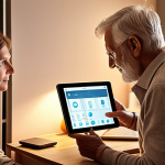 **A cozy, modern Swedish home interior featuring smart home technology. An older adult is using voice control to adjust the lighting, while a caring family member assists with a tablet displaying a user-friendly interface. The scene emphasizes ease of use and increased independence.**