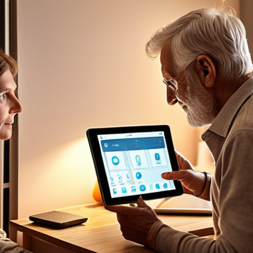 **A cozy, modern Swedish home interior featuring smart home technology. An older adult is using voice control to adjust the lighting, while a caring family member assists with a tablet displaying a user-friendly interface. The scene emphasizes ease of use and increased independence.**