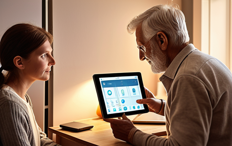 **A cozy, modern Swedish home interior featuring smart home technology. An older adult is using voice control to adjust the lighting, while a caring family member assists with a tablet displaying a user-friendly interface. The scene emphasizes ease of use and increased independence.**