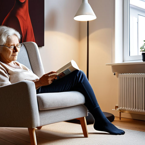A serene, modern Swedish home interior, showcasing an elderly woman in her 80s comfortably reading in her armchair. Subtle, advanced age-tech elements are seamlessly integrated: ambient smart lighting adjusts to her needs, and a discrete, sleek wall sensor (not intrusive) is visible in the background. The atmosphere conveys independence, dignity, and security. Natural light fills the room, enhancing a feeling of peace and safety.