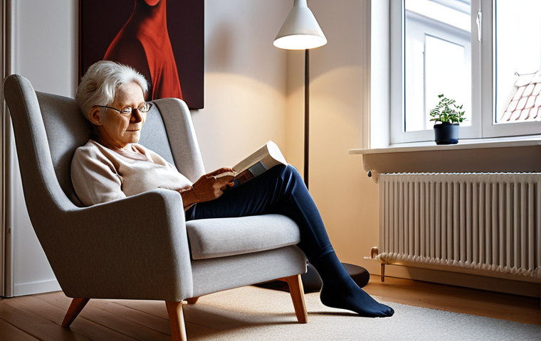 A serene, modern Swedish home interior, showcasing an elderly woman in her 80s comfortably reading in her armchair. Subtle, advanced age-tech elements are seamlessly integrated: ambient smart lighting adjusts to her needs, and a discrete, sleek wall sensor (not intrusive) is visible in the background. The atmosphere conveys independence, dignity, and security. Natural light fills the room, enhancing a feeling of peace and safety.